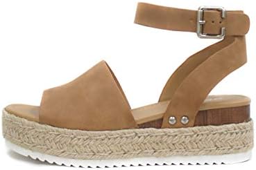 Soda Topic Open Toe Buckle Ankle Strap Espadrilles Flatform Wedge Casual Sandal (10, Tan)