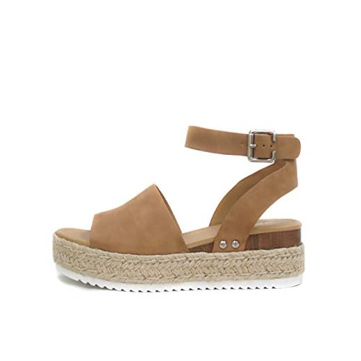 Soda Topic Open Toe Buckle Ankle Strap Espadrilles Flatform Wedge Casual Sandal (8.5, Tan)