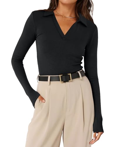 Womens Long Sleeve Shirts Slim Fitted Business Casual Work Tops Collared V Neck Polo Shirt 2025 Fall Outfits