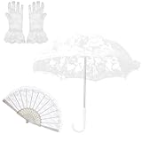 GELXGRIT Mini White Lace Parasol Kit Vintage Lace Embroidery Parasol Floral Wrist Gloves Handheld Folding Fan White Umbrella For Tea Party Costume Wedding Bride Photo Props Accessories