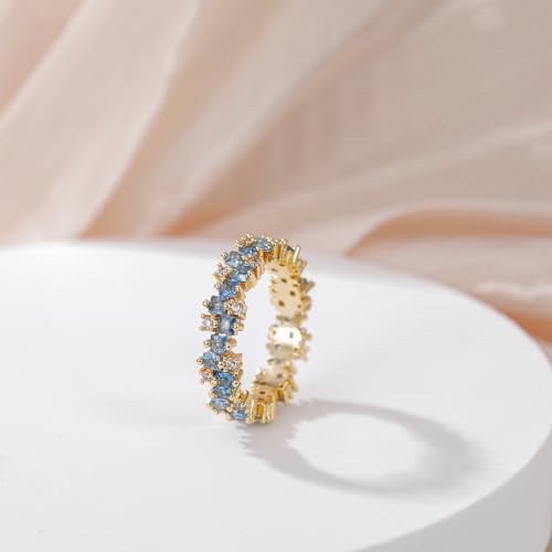 14K Gold Plated Eternity Ring Band for Women Princess Cut Created Blue Aquamarine CZ Stackable Wedding Promise Rings for Her Size 4-113