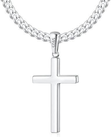 Eterjew S925 Sterling Silver Cross Necklace for Men Women, Sterling Silver Cross Pendant with 4mm Cuban Chain, Mens Crucifix Necklaces 20 Inch