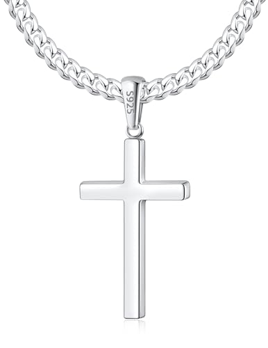 Eterjew 925 Sterling Silver Cross Necklace for Men, Sterling Silver Cross Necklace for Men with 4mm Silver Cuban Chain for Men Boys Women, Mens Cross Necklaces, Silver Cross Chain for Men 20 Inch