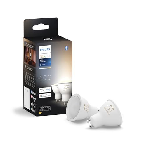 Philips Hue White Ambiance GU10 LED Spot 2er Pack (400lm), dimmbare LED Lampen für das Hue Lichtsystem mit warmweißem Licht, smarte Lichtsteuerung über Sprache und App