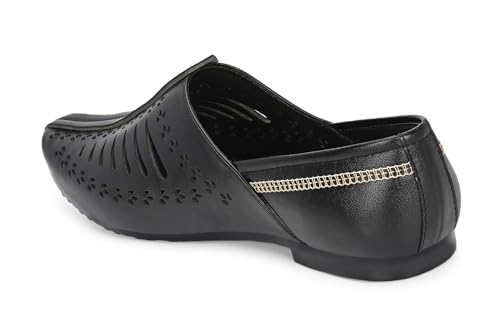 Image of Ethnic Jutti & Mojri Shoes for Men | Traditional Nagra Style Footwear | Slip On Design | Closed Toe Pattern | Cultural Wear Mens Shoes | Black Color