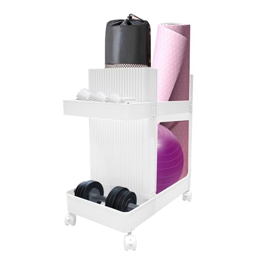 Surneis Weight Rack for Home Gym, Home Gym Storage Yoga Mat Storage Gym Storage Rack Workout Equipment Cart with 4 Universal Wheels Sidebar Clips 22lb Weight Capacity for Home, Gym, School