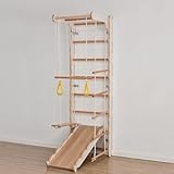 SPOFLYINN 7-in-1 Jungle Gym for Toddlers, Indoor Climber Playset with Plate Swing Slide Rings, Wall Mouted Wooden Play Gym for Boys Gi