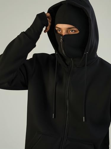 Image of ADRO Men Balaclava Hoodies | 320 GSM Soft Cotton Zipper Hoodie | Thumb-Hole Cuff Gloves | Travel Jacket with Hood | Winter Sweatshirt