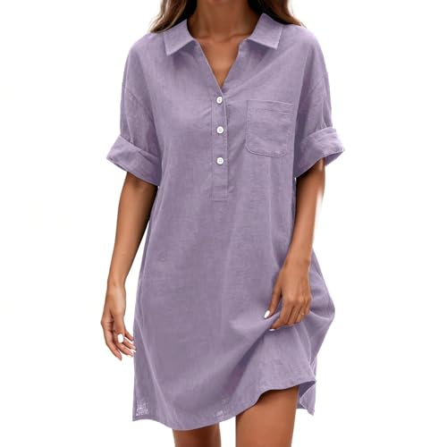 Image of Linen Dresses for Women UK Short Sleeve V Neck Button Down Shirt Dress Rolled Up Mini Dress with Pocket Irregular Hem Going Out Dress Plus Size Dresses for Curvy Women(Purple,L)
