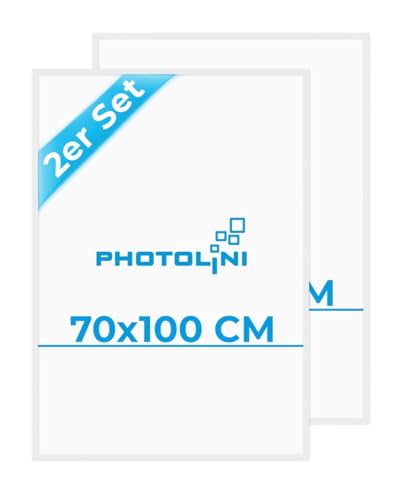 PHOTOLINI Bilderrahmen 70x100 Weiß, 2er Set große Bilderrahmen 70x100 Holz MDF, Poster Rahmen 100x70 XXL mit bruchsicherem Acrylglas zum Aufhängen & Zubehör - Picture Frame für Poster, Fotos & Puzzle