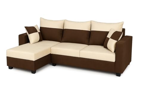 Image of FURNY Arissa 4 Seater Fabric LHS L Shape Sofa Set with Exta Cushions (Cream-Dark Brown) Premium Velvet Finish | Ideal of Living Room