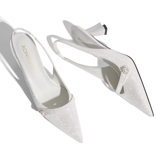 Image of Women Kitten Heels Slingback Low Heel Pumps Dress Shoes for Women Closed Pointed Toe Pearl Heels for Work Wedding Bridal