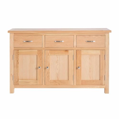 London Oak Large Sideboard Cabinet for Living Room | Roseland Furniture Solid Wood Contemporary 3 Drawer 3 Door Sideboard Storage for Dining Room, Fully Assembled