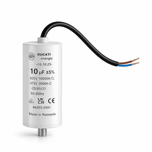 Condensador de motor monofásico 425 V/450 V/475 V - Condensador permanente con cable - Compatible con bomba piscina, lavadora de alta presión Kärcher, puerta de garaje y portal, compresor (10 μF / 10