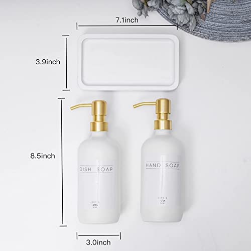 Janxin Glass Soap Dispenser for Kitchen with Stainless Steel Pump and Wood Tray, Modern Bathroom Dispenser with Waterproof Labels for Hand, Dish Soap, Lotion(White Bottles+Gold Pumps)