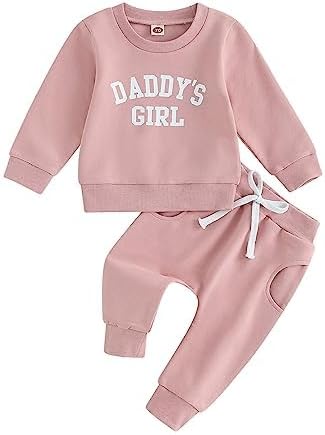 Vista 3 de Conjunto de 2 piezas de ropa de otoño para bebé niña, sudadera de manga larga con cuello redondo "Daddys Girl" + pantalones deportivos, conjunto