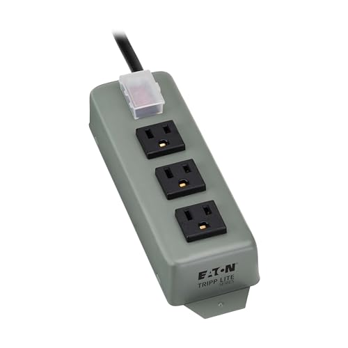 Eaton Tripp Lite Series 3-Outlet Heavy Duty Power Strip, Metal, Mountable (Wall Mount & Under Desk), 9ft Extension Cord, On/Off Switch Cover, Industrial Garage Shop Work Bench Applications (3SP9)