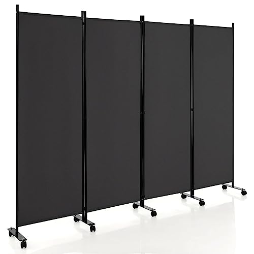 COSTWAY 3/4-Panel Folding Room Divider, Rolling Wall Privacy Screen Protector with Wheels, Freestanding Paravent Partition Separator for Bedroom, Living Room and Office (Grey, 4 Panel-224x172cm)