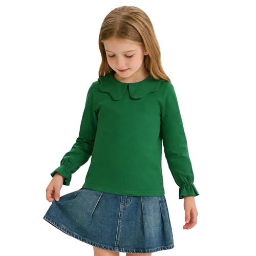 ZFZDRen 12M-12Y Toddler Baby Girls Ruffle Collar Blouse Kids Girl Solid Color T-Shirts Casual Tee Tops (Green Long Tee, 11-12 Years)