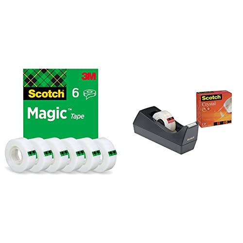 Scotch Magic Invisible Tape, 19 mm x 33 m, 6 rolls & otch C38 Tischabroller schwarz + Scotch Crystal Klebeband, 1 Rolle, 19 mm x 10 m