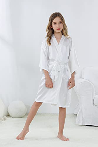 Rhinestone Flower Girl Silky Satin Solid Color Short Kimono Robe for Wedding Birthday Party Spa3