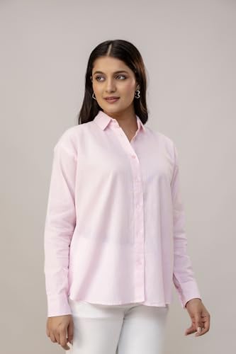 Image of Women's Linen Blend Shirt | Casual Collared Button Down Shirt for Women | Solid Color Full Sleeve Oversized Fit | Summer Casual & Office Wear Top