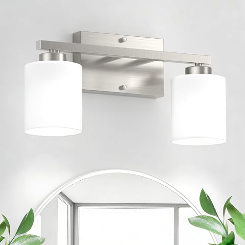 Honesorn Modern Vanity Lights - 2-Light Brushed Nickel Bathroom Mirror Lights with Frosted Shade & Anti-Rust Finish, E26 Wall Mounted