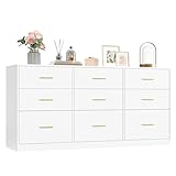 VASAGLE Custos Collection   Commode de Chambre, Armoire à Tiroirs pour Dressing, Style Moderne, Meuble TV pour Salon, 9 Tiroirs, 40 x 160,2 x 78 cm, Blanc Nuage LTS419WB01