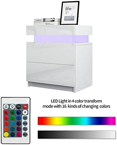 TUKAILAi White Bedside Table with LED Light, 2 Drawers and High Gloss Chest of Drawers Nightstand Bedside Cabinet Table for Bedroom Living Room