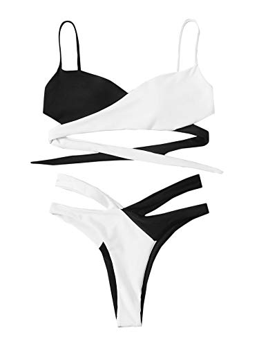 Verdusa Women s 2 Piece Swimsuit Color Block Wrap High Cut Panty Bikini Set Black White M
