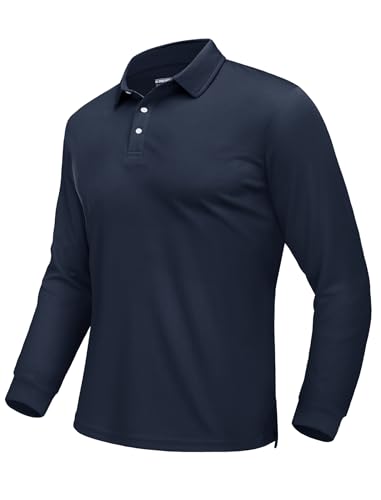 EKLENTSON Men's Sport Polo Shirts Breathable Gym Army Work Shirt Quick Dry Rugby Golf Wicking Tops Full Sleeve Navy,XL