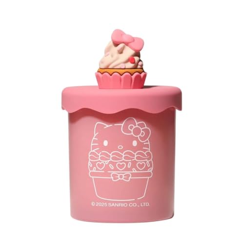 Hello Kitty Bakery Strawberry Cupcake Scented Candle with Decorative Silicone Cupcake Lid – Sweet Fragrance, Reusable Pink Glass Jar