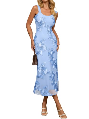 Simplee Women's Floral Wedding Guest Maxi Dress 2026 Summer Bodycon Mesh Sleeveless Flowy Formal Prom Party Long Dressesh(Blue M)