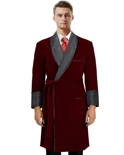 Image of Men's Long Velvet Smoking Jacket Smoking Robe with Belt Shawl Lapel Quilted Dressing Gown