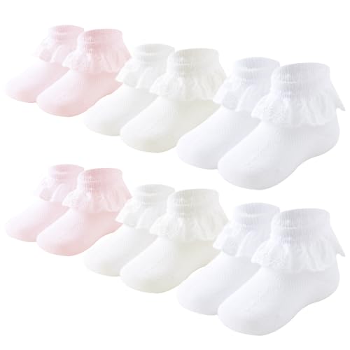 Image of Mini angel Baby Girls Socks Eyelet Ruffle Lace Frilly Dress Socks for Newborn Infant Toddler 3/6 Pairs