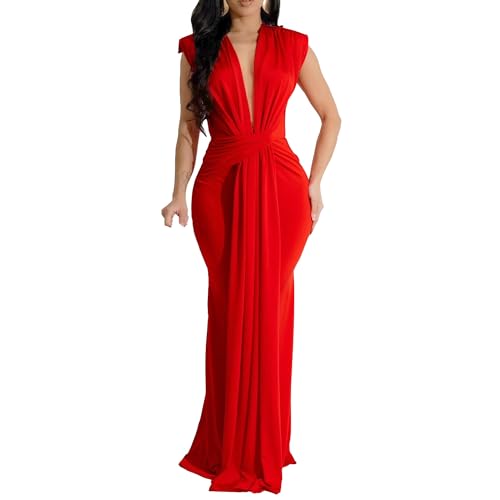 Women's Deep V Neck Ruched Maxi Dress Elegant Sleeveless Sexy Cocktail Dress Slim Fit Fashion Wedding Dresses (Red,Medium)