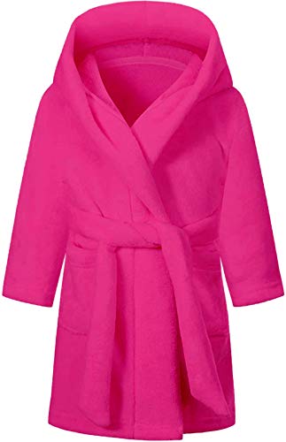 Girls' Bathrobe, Solid Color Soft Warm Plush Flannel Fleece Hooded Sleepwear Bath Robe, Magenta, 6 Years = Tag 130