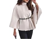 Manteau Poncho À Manches Chauve Souris for Femme, Veste Cape en Laine avec Ceinture, Pardessus Court d'hiver, Manteau Cape À Col Montant(Apricot,XS)