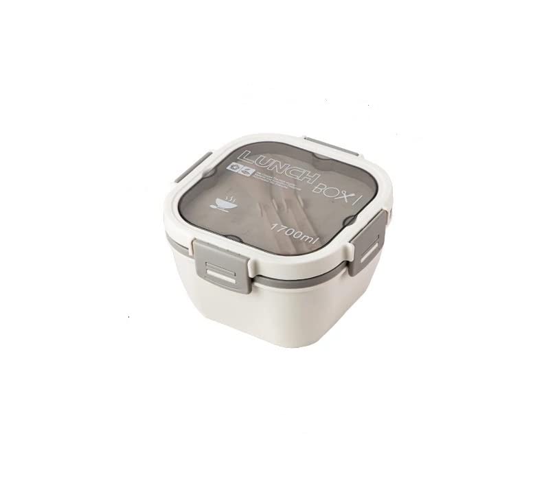 Tiffin box Airtight Leakproof Double Layer 4 Compartment with Sauce Container Along with Spoon and Butter Knife 1700 ML for Kids and Adults (White)
