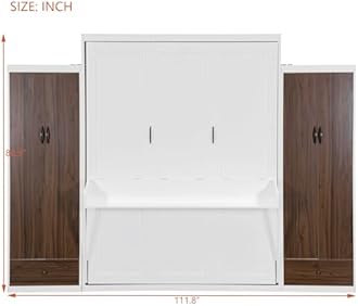 Flieks Full Size Murphy Bed, Wooden Full Wall Bed with Closet, Drawers and Desk, White