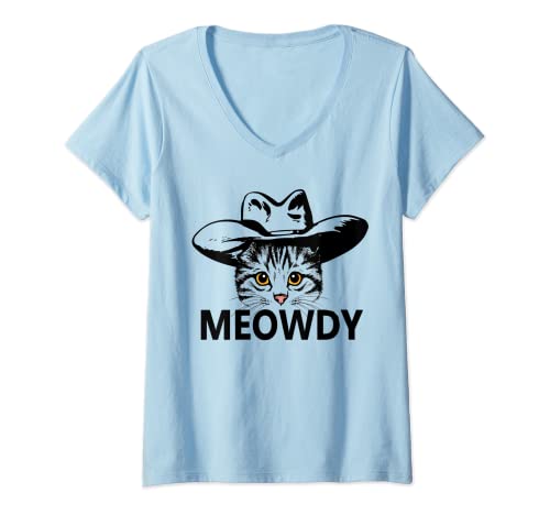 Mujer Meowdy Funny Mashup Meow and Howdy - Meme de gato sarcástico divertido Camiseta Cuello V