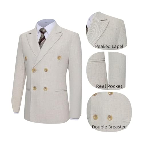 Men's Suit 2 Piece Linen Suits Peaked Lapel Mens Double Breasted Blazer Pants Set Wedding Prom Tuxedo Business Casual Suit3