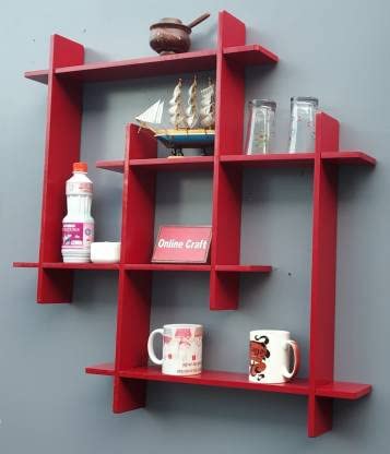 Image of Interlocking Wooden Wall Shelves Set of 1 Floating Wall Mounted Shelves for Home Decor | Storage Display Rack for Living Room, Bedroom & Office | Modern Wall Decoration Items (RED)