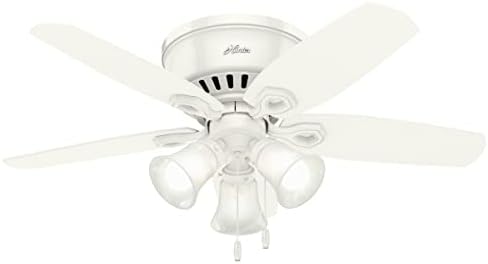 Hunter 42 inch Indoor Ceiling Fan with LED Lights - White Ceiling Fan with Pull Chain, For Bedroom, Living Room, or Kitchen, Low Profile Mount, No Remote, 5 Blades - Builder 51090, Snow White