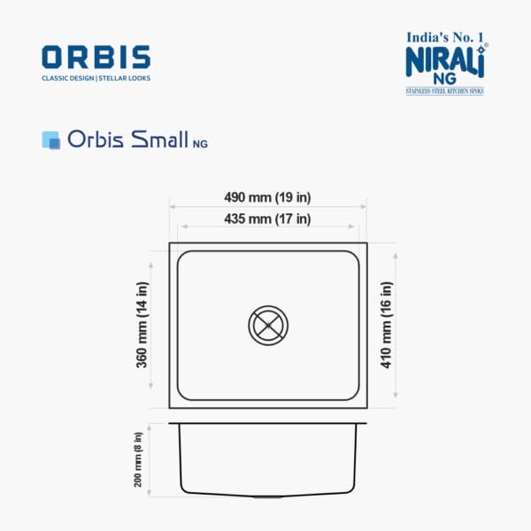 Image of NIRALI Kitchen Sink 19 x 16 Inch 304 Stainless Steel | Single bowl Sink Round Coupling | Rust & Stain Resistant | Glossy Finish | Minimizes Sound Orbis Kitchen SInk (Glossy, 19 inch x 16 inch x 8 inch)