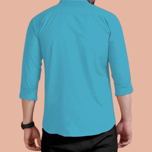 Image of Double Pocket Men's Casual Shirt - Regular Fit, Solid Spread Collar, Versatile Everyday Wear, Comfortable and Stylish Design, Ideal for All Seasons Dark Firozi