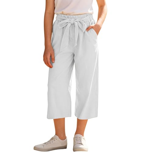 Girls Capri Cotton Linen Pants Summer Wide Leg Elastic High Waist Cropped Trousers Kids Casual Loose Straight Lightweight Sweatpants Teen Flowy Palazzo,White, Size 5-6 Years