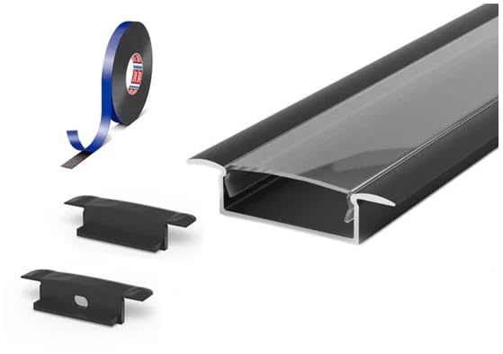 2 Metre Recessed Black LED Profile P14-1 C/W Clips, End Caps & Clear Cover | Perfect for Bedroom, Stairs, Hallway, Kitchen, Cabinet (30.8mm x 9.2mm) — image 1