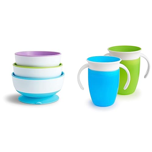Munchkin Stay Put Suction Bowls for Baby. Pack of 3 Stackable Baby Weaning Bowls. Perfect for Baby Led Weaning. Dishwasher and Microwave Safe & Miracle 360 Cup, Baby and Sippy Cup, Ideal Sippy