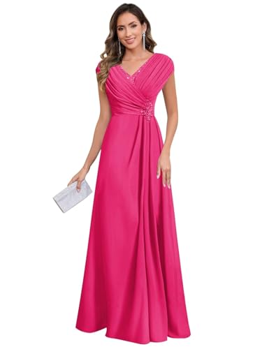Women's V Neck Mother of The Bride Dresses Long Cap Sleeve Chiffon Pleated Formal Evening Gown